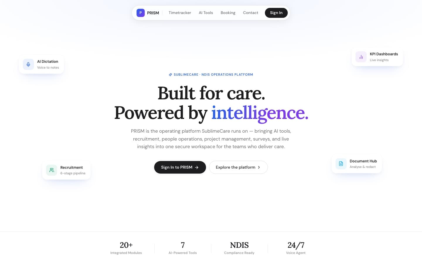 PRISM homepage, an AI SEO and generative-engine-optimisation platform built by Bitecodes